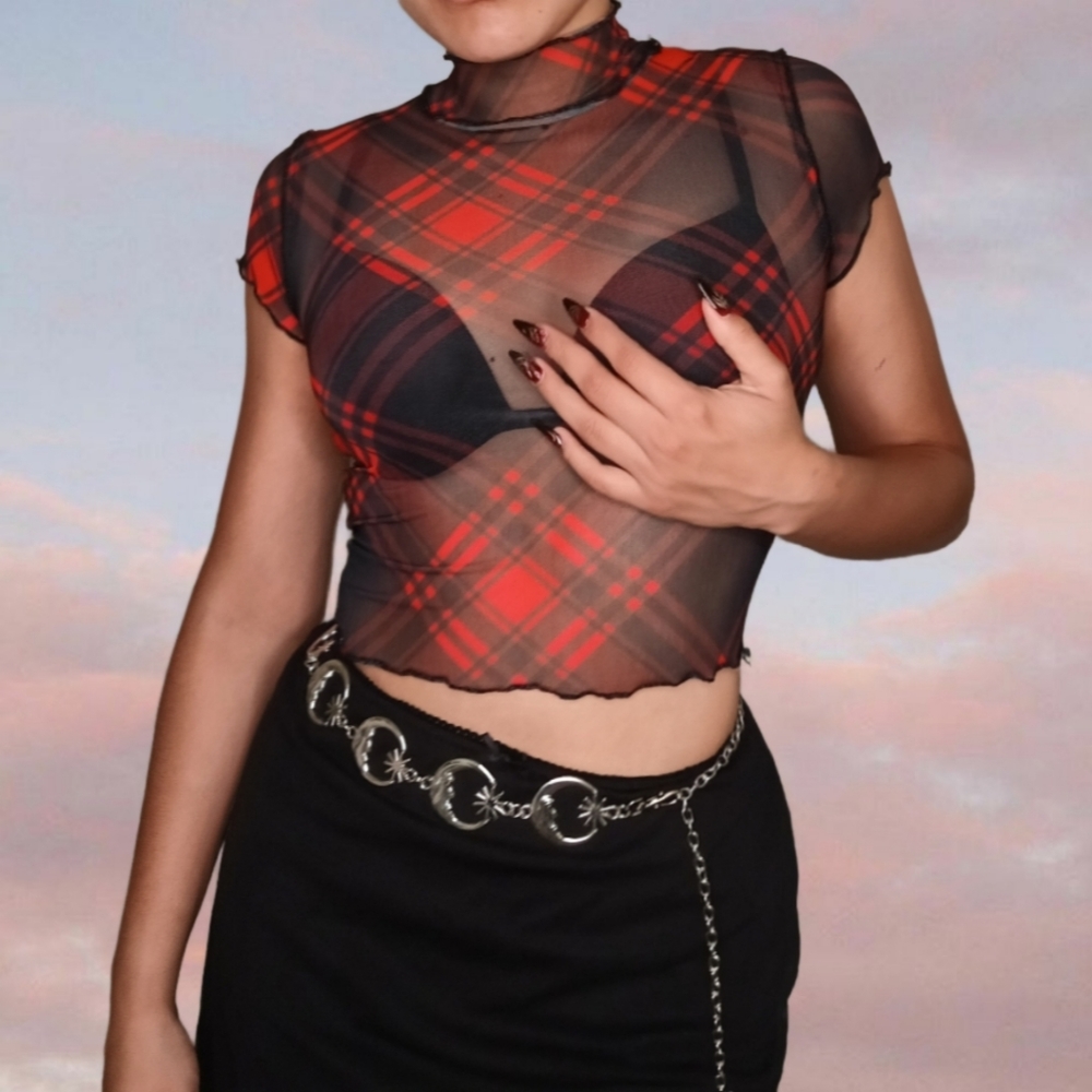 Dolls kill plaid mesh top in black and red